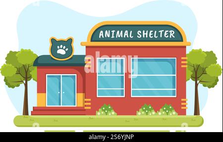 Tierheim Haus Cartoon Illustration mit Tieren für die Annahme in Flat Hand Drawn Style Design Stock Vektor