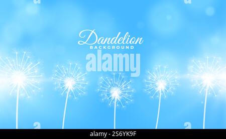 Frühlings-Dandelion-Blumensamen auf blauem Bokeh-Hintergrund Stock Vektor