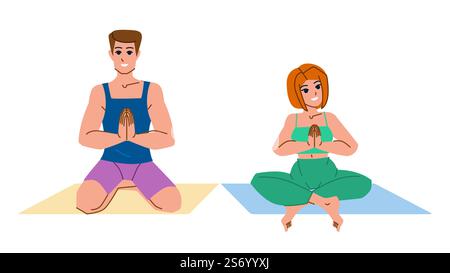 Paare machen Yoga-Vektor. Home Workout Übung, Sport Frau Mann, Familie Gesundheit Paar tun Yoga Charakter. Leute flache Zeichentrickgrafik Illustration. Paare machen Yoga-Vektor Stock Vektor