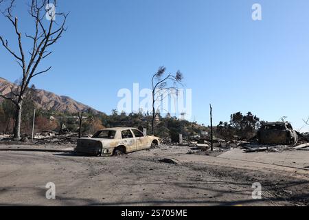 Los Angeles, Usa. Januar 2025. In Pasadena brannten Autos, nachdem das Eaton-Feuer durchbrach. Katastrophengebiete in Pasadena und Altadena nach dem Durchzug des Eaton-Feuers nordöstlich von Los Angeles, der am dienstag, den 7. januar 2025 in Los Angeles begann. Foto: Christophe Michel/ABACAPRESS. COM Credit: Abaca Press/Alamy Live News Stockfoto