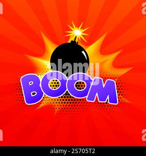 Comic-Sprechblase mit brennender Bombe und Textboom Stock Vektor