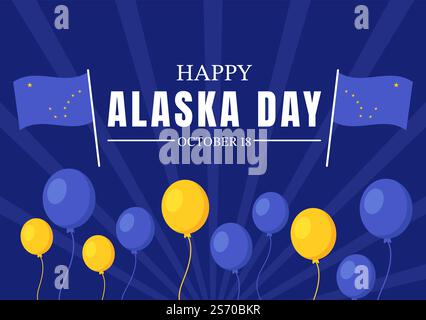 Happy Alaska Day am 18. Oktober handgezeichnete Cartoon-Flachillustration mit Flaggenschwenken in der Winterlandschaft als Vorlage für Banner oder Poster Stock Vektor