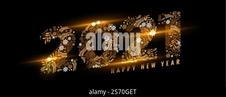 Glühend floral glückliches neues Jahr 2021 auf schwarz Stock Vektor