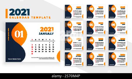 Abstract 2021 Neujahr Kalender Vorlage Design in orange Thema Stock Vektor