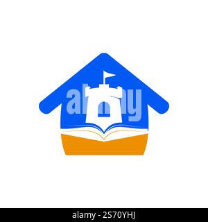 Burgbuch mit Vektor-Logo-Design. Einzigartige Designvorlage für Buchladen, Bibliothek und Festung. Stock Vektor
