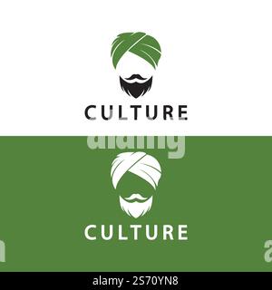Turban Schnurrbart Indien Indisches Logo Design Vektor Illustration. Logo eines Mannes mit Bart und Hut, typisch für das traditionelle indische Land. Stock Vektor