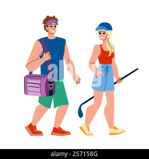 Paare Golf Vektor. Sport Frau, Mann Freizeit, Lifestyle Golfer, Outdoor, Golfplatz, glücklicher grüner Hobbypaare Golfcharakter. Leute flache Zeichentrickgrafik Illustration. Paare Golf Vektor Stock Vektor
