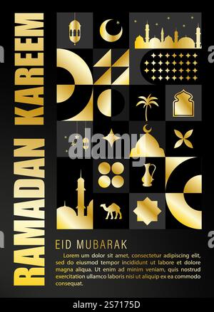 Ramdan Mubarak Postkarte. Minimales Vintage-Poster mit geometrischem Design der 20er Jahre mit goldenen traditionellen Elementen. Geometrisches Muster für Neugeborene. Vektorabbildung in Stock Vektor