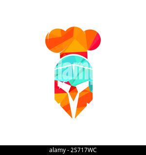 Designvorlage für das Vektorlogo des Spartanischen Küchenchefs. Minimales Logo des Chefkämpfers mit Darstellung des Chefhut-Vektors. Stock Vektor