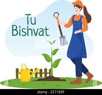 TU BiShvat Vorlage Handgezeichnete Cartoon flache Illustration Blühender Baum mit Objekten von sieben Arten von Früchten auf weißem Hintergrund Design Stock Vektor