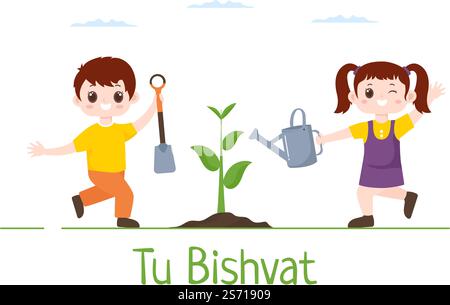 TU BiShvat Vorlage Handgezeichnete Cartoon flache Illustration Blühender Baum mit Objekten von sieben Arten von Früchten auf weißem Hintergrund Design Stock Vektor