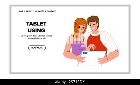 Tablette mit Vektor. Junge Unternehmen, digitale Technologie, Internet-Frau Mann, Computer Person Tablet mit Charakter. Leute flache Zeichentrickgrafik Illustration. Tablette mit Vektor Stock Vektor