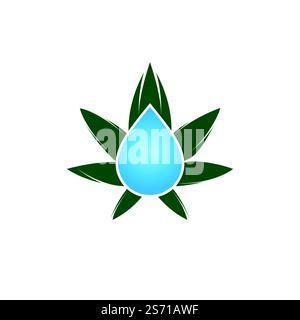 Designsymbol für Cannabisblätter mit Wassertropfen. Cannabisöl-Vektor-Logo-Konzept. Stock Vektor