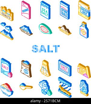 Salz Meeresfrüchte Kristallpulver Symbole setzen Vektor. Gewürz weiß, Natriumwürz, Schüssel Mineralflor, Shaker, Kochen salzige Zutat Salz Meeresfrüchte Kristallpulver isometrische Schilderabbildungen. Salz Meeresfrüchte Kristallpulver Symbole setzen Vektor Stock Vektor
