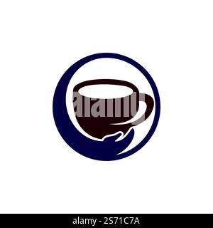 Coffee Care Vector-Logo-Design. Design mit Kaffeetasse und Hand-Symbol. Stock Vektor