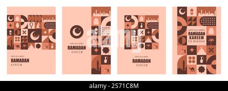 Ramadan Mubarak Postkarte. Set aus minimalem Vintage-Poster im geometrischen Design der 20er Jahre mit Elementen traditioneller Formen. Geometrisches Muster für Neugeborene. Vektor Stock Vektor