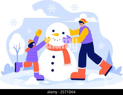 Vektor-Illustration von Menschen, die Spaß im Freien haben, einen Schneemann während der Winteraktivitäten in einem flachen Stil Cartoon Hintergrund bauen Stock Vektor