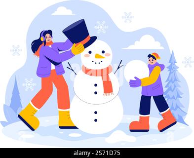 Vektor-Illustration von Menschen, die Spaß im Freien haben, einen Schneemann während der Winteraktivitäten in einem flachen Stil Cartoon Hintergrund bauen Stock Vektor