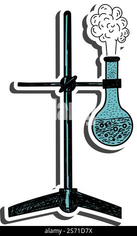 Sticker für Chemiekolben mit Schatten zum Thema Bildung. Zurück zur Schule. Vektorgrafik. Stock Vektor