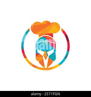 Designvorlage für das Vektorlogo des Spartanischen Küchenchefs. Minimales Logo des Chefkämpfers mit Darstellung des Chefhut-Vektors. Stock Vektor