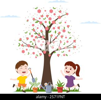 TU BiShvat Vorlage Handgezeichnete Cartoon flache Illustration Blühender Baum mit Objekten von sieben Arten von Früchten auf weißem Hintergrund Design Stock Vektor