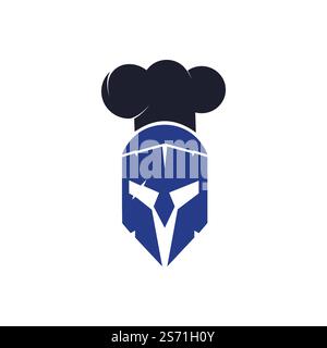 Designvorlage für das Vektorlogo des Spartanischen Küchenchefs. Minimales Logo des Chefkämpfers mit Darstellung des Chefhut-Vektors. Stock Vektor