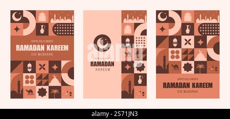 Ramadan Kareem Grußkarte. Bauhaus-Hintergrund mit Moschee, Mond, Sternen, Bogenfenster. Set trendiger, minimalistischer Postkarten. Vektorabbildung in Stock Vektor
