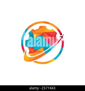 Design mit Vektorlogo für den Zahnradweg. Abstrakter Flugzeugflug mit Gear Logo-Design. Stock Vektor