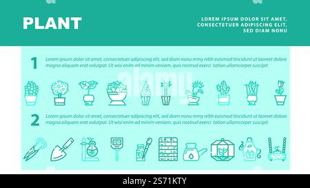 Topfpflanzen- und Pflegezubehör-Header-Vektor der Landing-Webseite. Sansevieria Trifasciata Und Zitrusbaum, Monstera Deliciosa Buxus Sempervirens Topfpflanze. Florarium Ausrüstung Farbige Abbildungen. Topfpflanzen- und Pflegezubehör-Landekopf-Vektor Stock Vektor