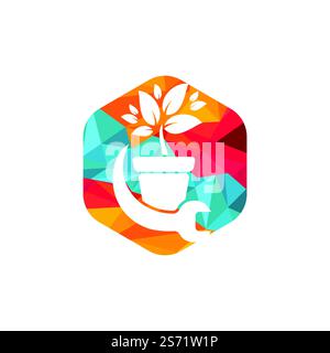 Logo-Konzept „Garden fix Vector“. Logo-Symbol für Blumentopf und Schraubenschlüssel. Stock Vektor