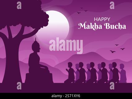 Happy Makha Bucha Day Template Handgezeichneter Cartoon flache Illustration Buddha sitzt in Lotusblume unter Bodhi Baum in der Nacht von Mönch umgeben Stock Vektor