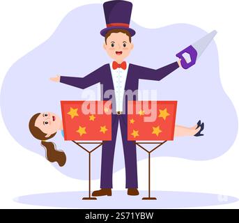 Zauberer Illusionist beschwört Tricks und winkt einen Zauberstab über seinen geheimnisvollen Hut auf einer Bühne in Template Hand Drawn Cartoon Flat Illustration Stock Vektor