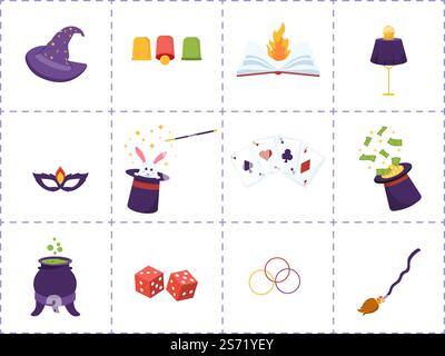 Zauberer Illusionist beschwört Tricks und winkt einen Zauberstab über seinen geheimnisvollen Hut auf einer Bühne in Template Hand Drawn Cartoon Flat Illustration Stock Vektor