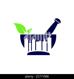 Pharma City Vektor-Logo-Design. Mörtel und Mörtel mit Gebäudesymbol. Stock Vektor