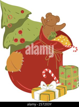 Geschenk für Kinder zu Winterferien, Weihnachten und Neujahr. Isolierte Tasche mit Plüschbär und Boxen mit Schleifenschleifen. Immergrüne Kiefer mit Kugeln und Lutscher. Vektor in der Ebene. Sack mit Geschenken für Weihnachten und Neujahr Stock Vektor