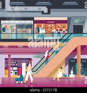 Geschäfte und Geschäfte, die Kleidung für Männer und Frauen, Möbel und Geräte für die Inneneinrichtung anbieten. Leute, die gehen und kaufen, Dame mit Baby im Perambulator. Vektor in abgewickelter Form. Einkaufszentrum mit Boutiquen und neuen Läden Vektor Stock Vektor