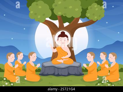 Happy Makha Bucha Day Template Handgezeichneter Cartoon flache Illustration Buddha sitzt in Lotusblume unter Bodhi Baum in der Nacht von Mönch umgeben Stock Vektor