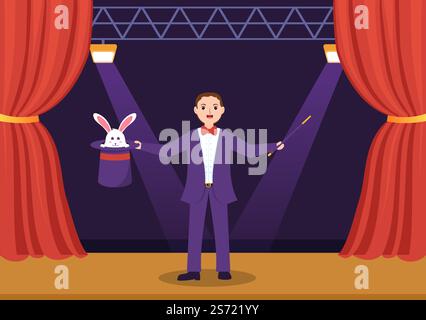 Zauberer Illusionist beschwört Tricks und winkt einen Zauberstab über seinen geheimnisvollen Hut auf einer Bühne in Template Hand Drawn Cartoon Flat Illustration Stock Vektor