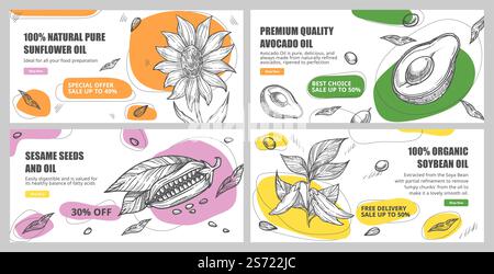 Hochwertiges Öl, Vektor-Illustration der Webseite. Flache handgezogene Bio-Saatgutzutat für die Produktion. Landebanner-Kollektion mit Sonnenblumen, Avocadoprodukten, Sesam und Sojabohnen. Hochwertiges Öl, Vektor-Illustration der Webseite Stock Vektor