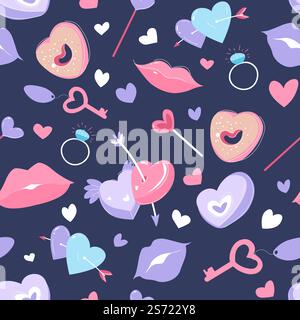 Feier des Valentinstag und Glückwünsche, nahtloses Muster mit dekorativen Herzen, Vorhängeschlössern und Schlüsseln. Verlobungsring für Ehe und Lippenküsse. Vektor in abgewickelter Form. Herzen und Liebe, nahtloses Valentinstag-Muster Stock Vektor