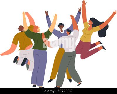 Jugendliche oder Mitarbeiter, Teamkollegen oder Studenten sind begeistert und glücklich. Wir feiern, dass Menschen springen und schreien, Erfolg und Freude an männlichen und weiblichen Charakteren. Herzlichen Glückwunsch zum Sieg. Vektor in abgewickelter Form. Leute, die Studenten feiern, springen und schreien Stock Vektor