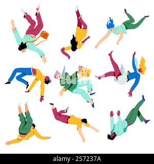 Menschen, die durch einen Unfall herunterfallen, ungeschickte Männer und Frauen, die Arme und Beine Strecken, in der Hoffnung auf sanften Fall. Verletzung und Schmerz, Trauma aus der Pause. Notfall- und Gefahrenposition. Vektor in abgewickelter Form. Ungeschickte Menschen, die durch einen Unfall hinunterfallen Stock Vektor