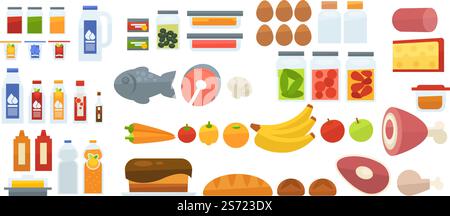 Produktvielfalt, isolierte Gläser mit Saft und Milch, Eier und Fischlachs. Banane und Orange, Pfeffer und Apfel. Schweinefleisch und Brot aus der Bäckerei, Käse und Wurst. Vektor in abgewickelter Darstellung. Lebensmittelprodukte, Fleisch und Milch, Brot und Obst Stock Vektor