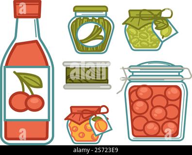 Kirsch- und Aprikosenmarmelade, mariniertes Gemüse und Obst in Gläsern, Dosenprodukt. Gesunde Ernährung und Ernährung, Ernährung und vegetarische oder vegane Menügerichte und Zutaten. Vektor in abgewickelter Form. Mariniertes Gemüse und Obst, Marmeladen von Kirschmarmelade Stock Vektor