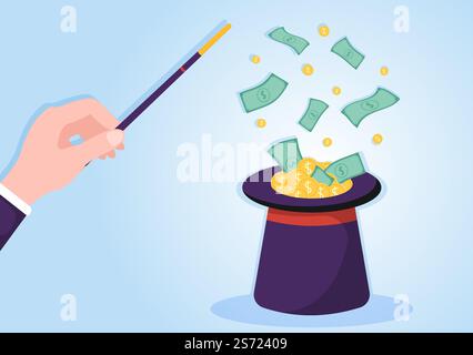 Zauberer Illusionist beschwört Tricks und winkt einen Zauberstab über seinen geheimnisvollen Hut auf einer Bühne in Template Hand Drawn Cartoon Flat Illustration Stock Vektor