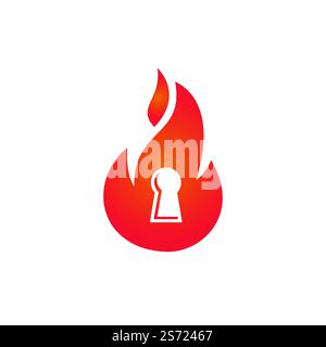 Design-Vorlage für das Schlüssellogo des Feuerschutzvorhängeschlosses. Logo-Symbol für Feuerlöscher. Stock Vektor