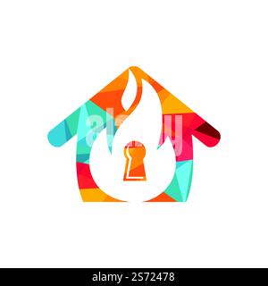 Design-Vorlage für das Schlüssellogo des Feuerschutzvorhängeschlosses. Flammenschlüssel mit Logo-Symbol des Hauses. Stock Vektor