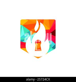 Design-Vorlage für das Schlüssellogo des Feuerschutzvorhängeschlosses. Logo-Symbol für Feuerlöscher. Stock Vektor