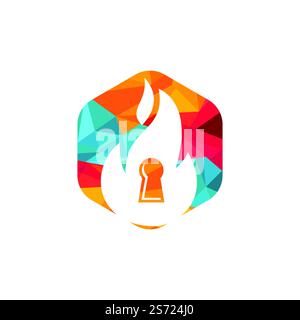 Design-Vorlage für das Schlüssellogo des Feuerschutzvorhängeschlosses. Logo-Symbol für Feuerlöscher. Stock Vektor