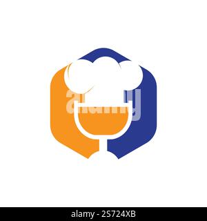 Podcast-Design-Vorlage für das Vektorlogo des Küchenchefs. Logo des singenden Küchenchefs. Stock Vektor